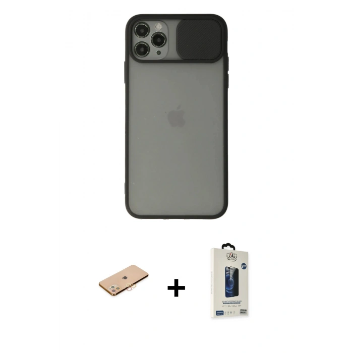 MARSİLYAN™- iPhone 11 Pro Max Kılıf Vadi Çizgi - Siyah Bilvis Hayalet Cam Ekran Koruyucu + Renkli Kamera Lens Koruma Cam - TU