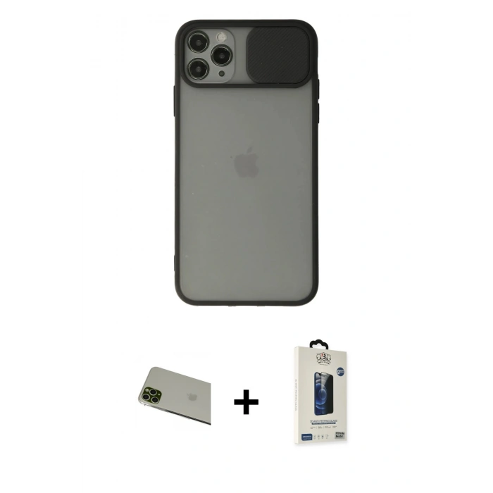 MARSİLYAN™- iPhone 11 Pro Max Kılıf Vadi Çizgi - Siyah Bilvis Hayalet Cam Ekran Koruyucu + Rainbow Kamera Lens Koruma Cam - YL