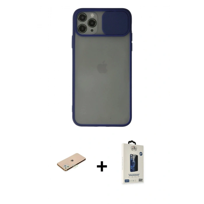 MARSİLYAN™- iPhone 11 Pro Max Kılıf Vadi Çizgi - Siyah Bilvis Hayalet Cam Ekran Koruyucu + Renkli Kamera Lens Koruma Cam - YL