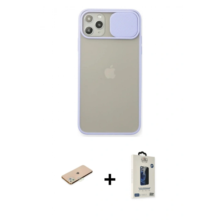 MARSİLYAN™- iPhone 11 Pro Max Kılıf Vadi Çizgi - Siyah Bilvis Hayalet Cam Ekran Koruyucu + Renkli Kamera Lens Koruma Cam - YL
