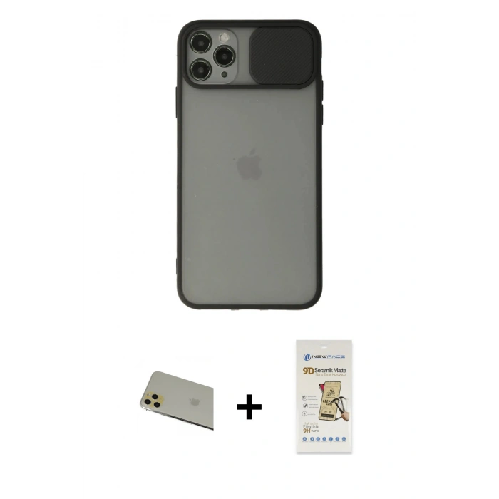 MARSİLYAN™- iPhone 11 Pro Max Kılıf Vadi Çizgi - Siyah Mat Seramik Nano Ekran Koruyucu + Gold Rainbow Kamera Lens Koruma Cam