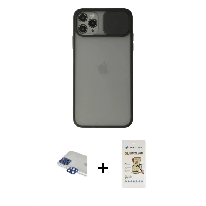MARSİLYAN™- iPhone 11 Pro Max Kılıf Vadi Çizgi - Siyah Mat Seramik Nano Ekran Koruyucu + Pers Alüminyum Kamera Lens - LT