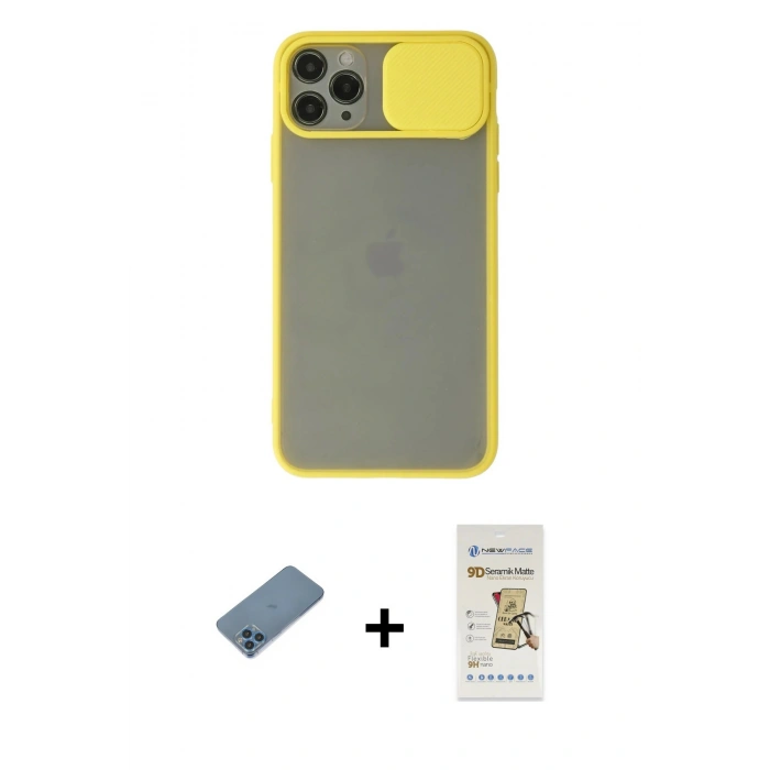 MARSİLYAN™- iPhone 11 Pro Max Kılıf Vadi Çizgi - Siyah Mat Seramik Nano Ekran Koruyucu + Mavi Shine Kamera Lens Koruma Cam