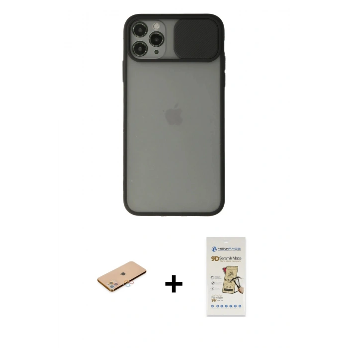 MARSİLYAN™- iPhone 11 Pro Max Kılıf Vadi Çizgi - Siyah Mat Seramik Nano Ekran Koruyucu + Renkli Kamera Lens Koruma Cam - PE