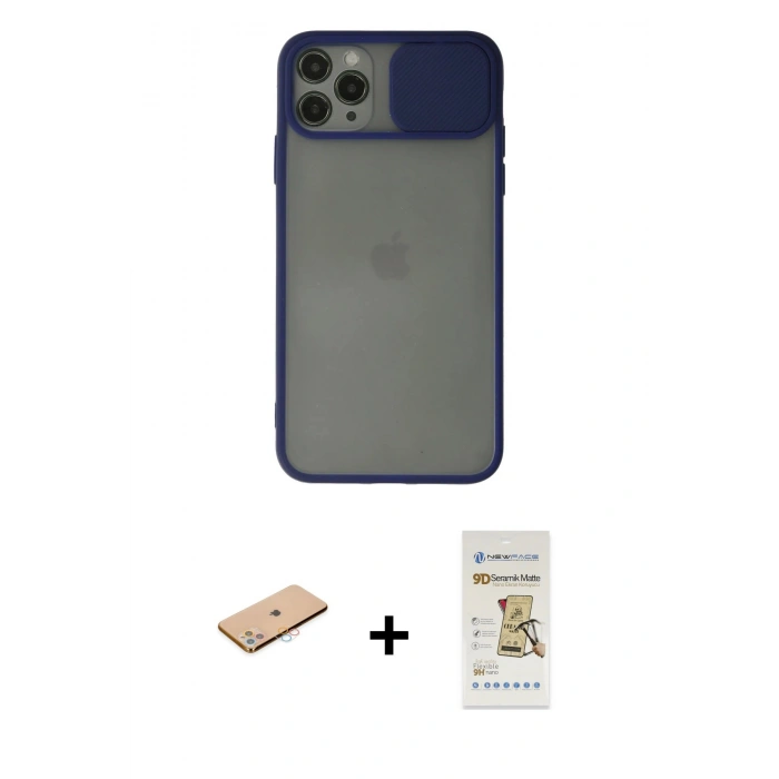MARSİLYAN™- iPhone 11 Pro Max Kılıf Vadi Çizgi - Siyah Mat Seramik Nano Ekran Koruyucu + Renkli Kamera Lens Koruma Cam - PE