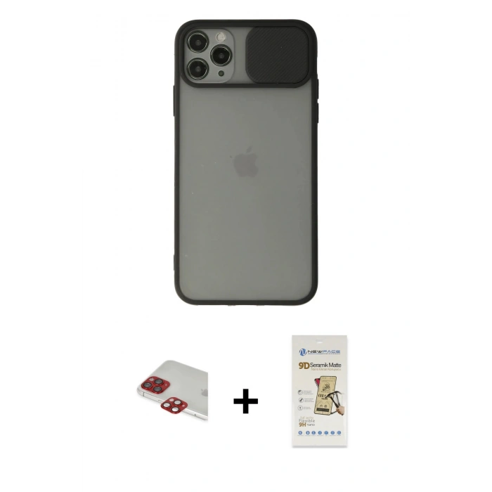 MARSİLYAN™- iPhone 11 Pro Max Kılıf Vadi Çizgi - Siyah Mat Seramik Nano Ekran Koruyucu + Pers Alüminyum Kamera Lens - KI