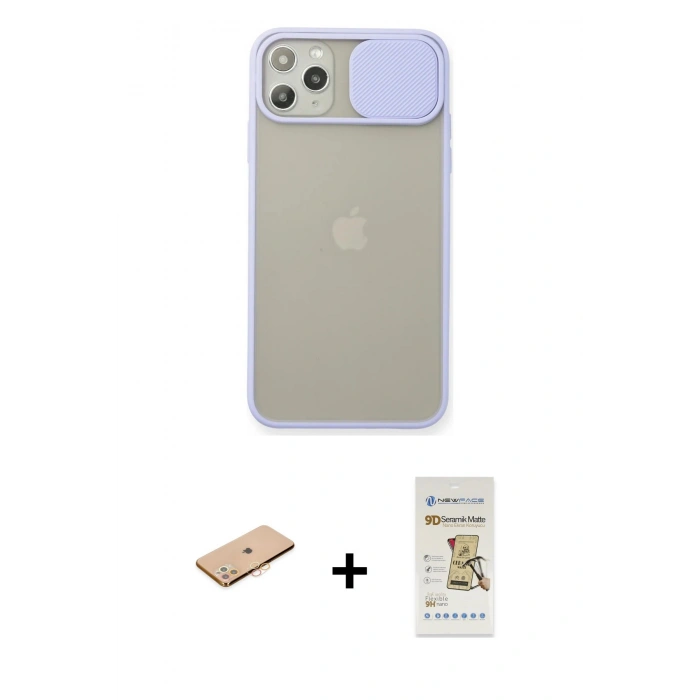 MARSİLYAN™- iPhone 11 Pro Max Kılıf Vadi Çizgi - Siyah Mat Seramik Nano Ekran Koruyucu + Renkli Kamera Lens Koruma Cam - TU