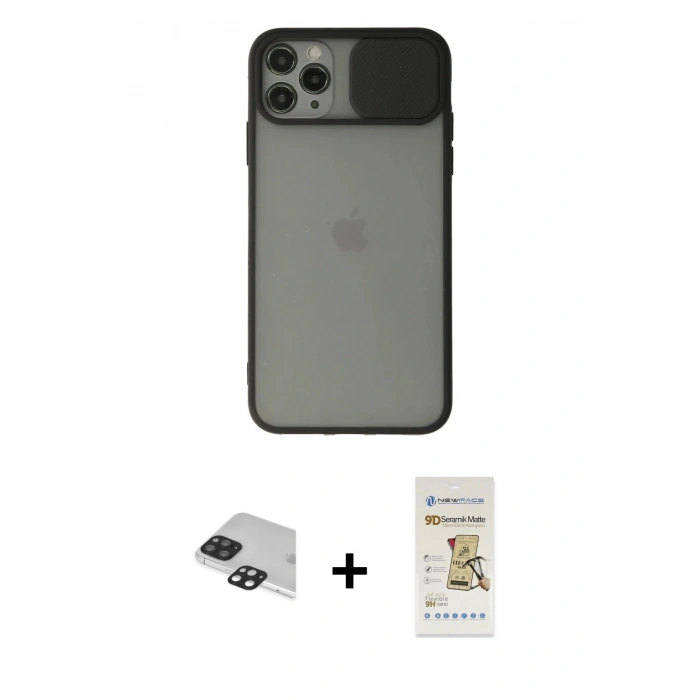 MARSİLYAN™- iPhone 11 Pro Max Kılıf Vadi Çizgi - Siyah Mat Seramik Nano Ekran Koruyucu + Pers Alüminyum Kamera Lens - SH