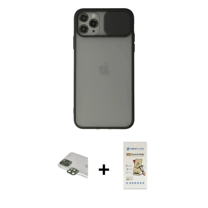 MARSİLYAN™- iPhone 11 Pro Max Kılıf Vadi Çizgi - Siyah Mat Seramik Nano Ekran Koruyucu + Pers Alüminyum Kamera Lens - YL