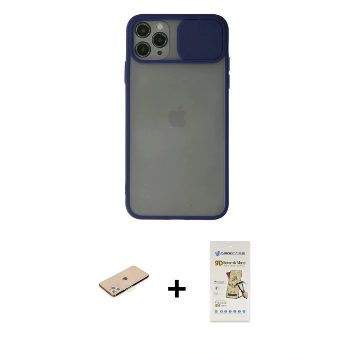 MARSİLYAN™- iPhone 11 Pro Max Kılıf Vadi Çizgi - Siyah Mat Seramik Nano Ekran Koruyucu + Renkli Kamera Lens Koruma Cam - YL