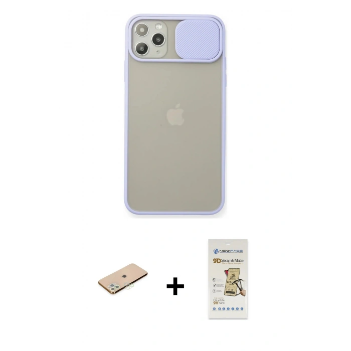 MARSİLYAN™- iPhone 11 Pro Max Kılıf Vadi Çizgi - Siyah Mat Seramik Nano Ekran Koruyucu + Renkli Kamera Lens Koruma Cam - YL