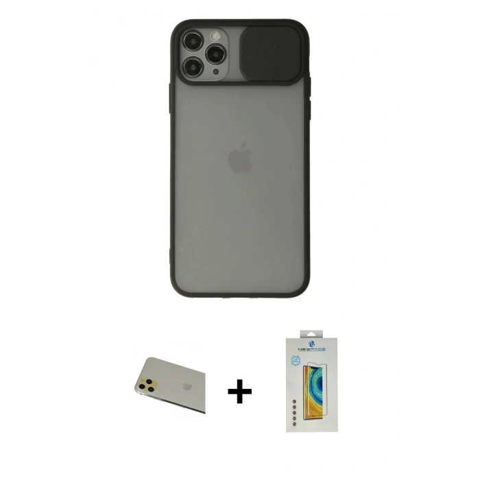 MARSİLYAN™- iPhone 11 Pro Max Kılıf Vadi Çizgi - Siyah Polymer Nano Ekran Koruyucu + Rainbow Kamera Lens Koruma Cam - GD