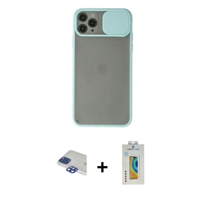 MARSİLYAN™- iPhone 11 Pro Max Kılıf Vadi Çizgi - Siyah Polymer Nano Ekran Koruyucu + Lacivert Pers Alüminyum Kamera Lens