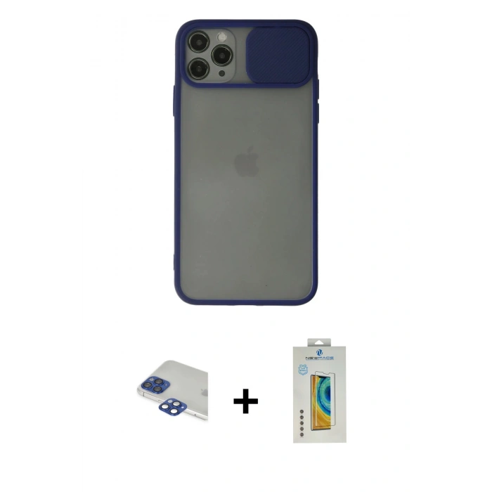 MARSİLYAN™- iPhone 11 Pro Max Kılıf Vadi Çizgi - Siyah Polymer Nano Ekran Koruyucu + Lacivert Pers Alüminyum Kamera Lens