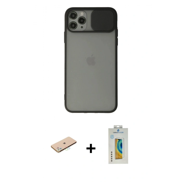 MARSİLYAN™- iPhone 11 Pro Max Kılıf Vadi Çizgi - Siyah Polymer Nano Ekran Koruyucu + Mavi Renkli Kamera Lens Koruma Cam