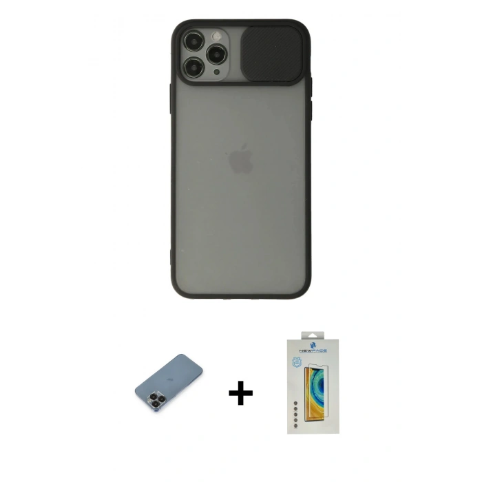 MARSİLYAN™- iPhone 11 Pro Max Kılıf Vadi Çizgi - Siyah Polymer Nano Ekran Koruyucu + Metal Kamera Lens Koruma Cam - SH