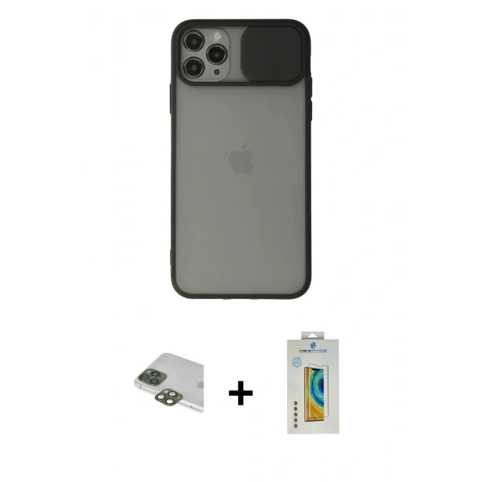 MARSİLYAN™- iPhone 11 Pro Max Kılıf Vadi Çizgi - Siyah Polymer Nano Ekran Koruyucu + Pers Alüminyum Kamera Lens - YL