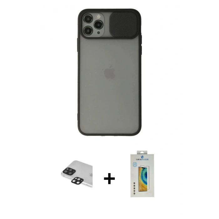 MARSİLYAN™- iPhone 11 Pro Max Kılıf Vadi Çizgi - Siyah Polymer Nano Ekran Koruyucu + Pers Alüminyum Kamera Lens - SH