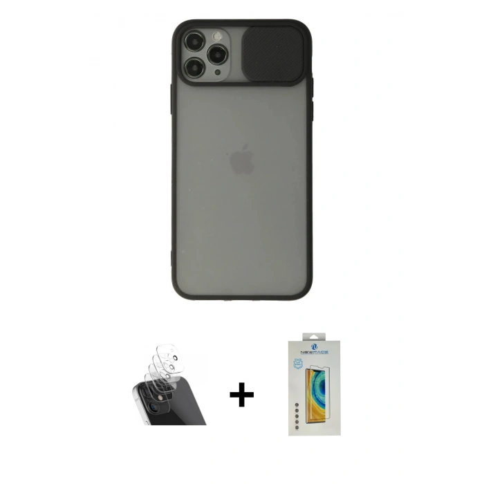 MARSİLYAN™- iPhone 11 Pro Max Kılıf Vadi Çizgi - Siyah Polymer Nano Ekran Koruyucu + Kamera Lens Koruma Cam - SF