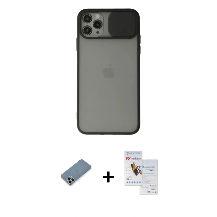 MARSİLYAN™- iPhone 11 Pro Max Kılıf Vadi Çizgi - Siyah Seramik Nano Ekran Koruyucu + Metal Kamera Lens Koruma Cam - AKYL