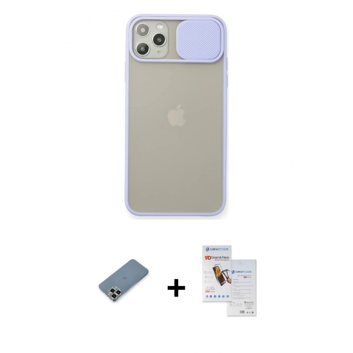 MARSİLYAN™- iPhone 11 Pro Max Kılıf Vadi Çizgi - Siyah Seramik Nano Ekran Koruyucu + Metal Kamera Lens Koruma Cam - GD