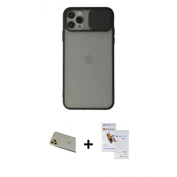 MARSİLYAN™- iPhone 11 Pro Max Kılıf Vadi Çizgi - Siyah Seramik Nano Ekran Koruyucu + Rainbow Kamera Lens Koruma Cam - GD