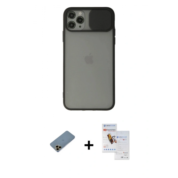 MARSİLYAN™- iPhone 11 Pro Max Kılıf Vadi Çizgi - Siyah Seramik Nano Ekran Koruyucu + Shine Kamera Lens Koruma Cam - GD