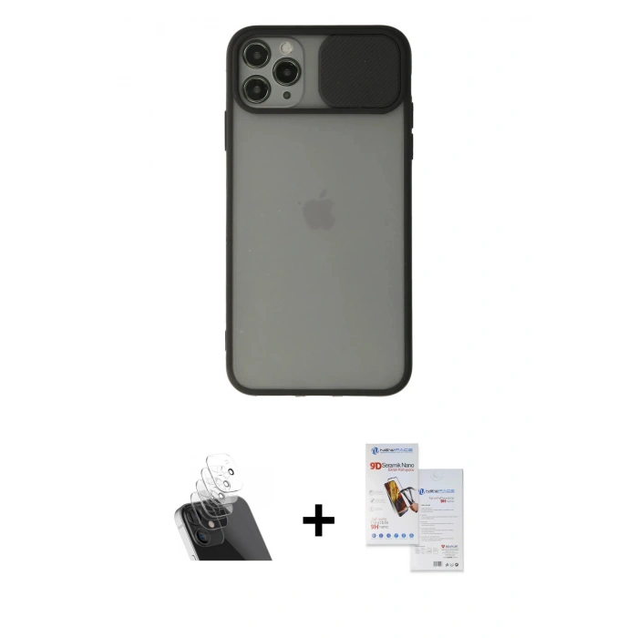 MARSİLYAN™- iPhone 11 Pro Max Kılıf Vadi Çizgi - Siyah Seramik Nano Ekran Koruyucu + Kamera Lens Koruma Cam - SF