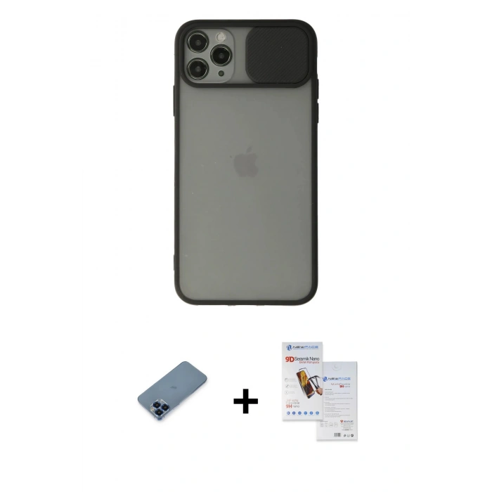 MARSİLYAN™- iPhone 11 Pro Max Kılıf Vadi Çizgi - Siyah Seramik Nano Ekran Koruyucu + Metal Kamera Lens Koruma Cam - MI