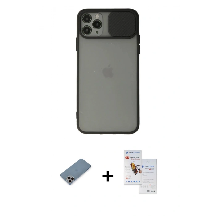 MARSİLYAN™- iPhone 11 Pro Max Kılıf Vadi Çizgi - Siyah Seramik Nano Ekran Koruyucu + Metal Kamera Lens Koruma Cam - MR