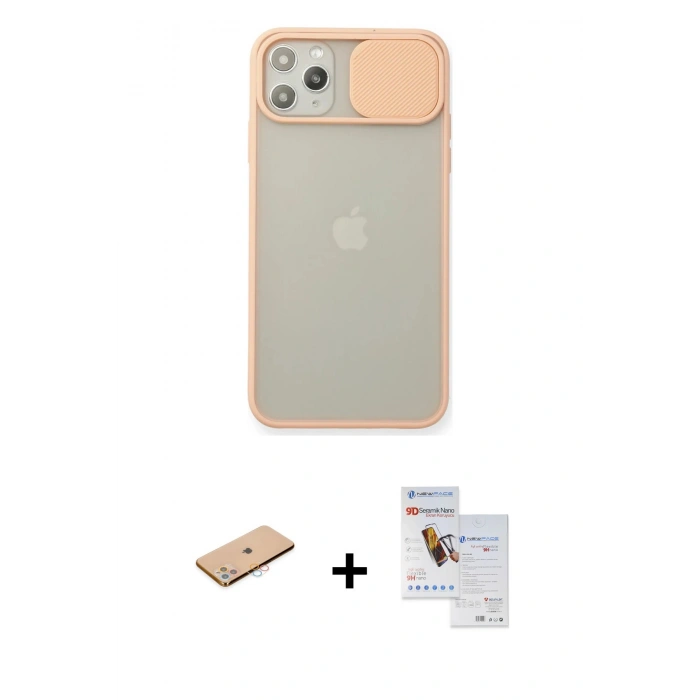 MARSİLYAN™- iPhone 11 Pro Max Kılıf Vadi Çizgi - Siyah Seramik Nano Ekran Koruyucu + Pembe Renkli Kamera Lens Koruma Cam