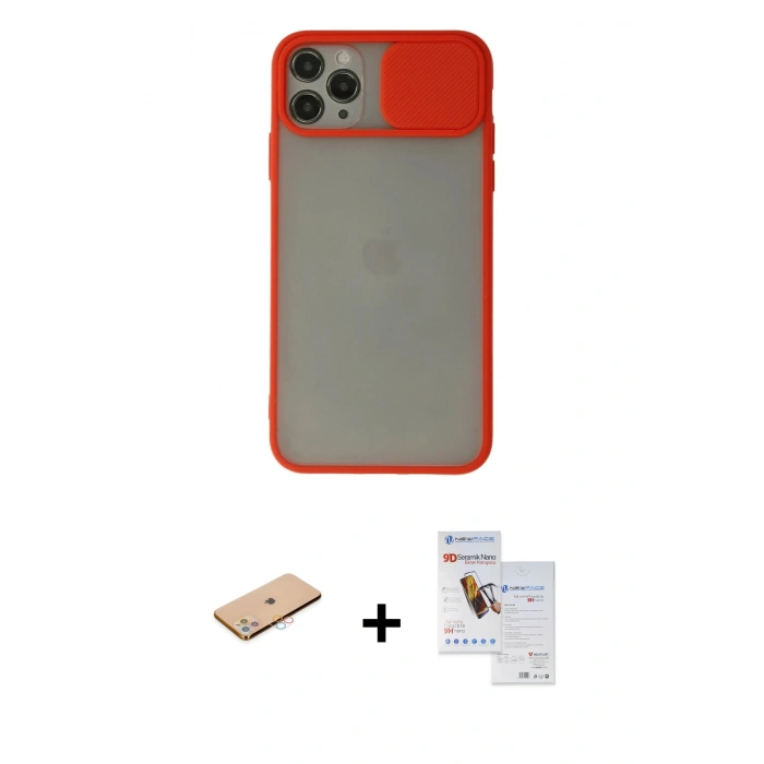 MARSİLYAN™- iPhone 11 Pro Max Kılıf Vadi Çizgi - Siyah Seramik Nano Ekran Koruyucu + Pembe Renkli Kamera Lens Koruma Cam