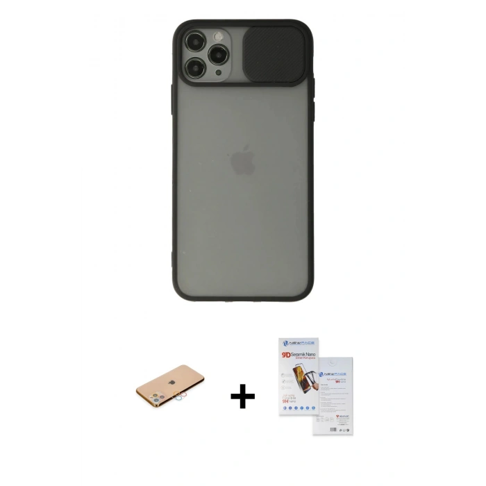 MARSİLYAN™- iPhone 11 Pro Max Kılıf Vadi Çizgi - Siyah Seramik Nano Ekran Koruyucu + Pembe Renkli Kamera Lens Koruma Cam
