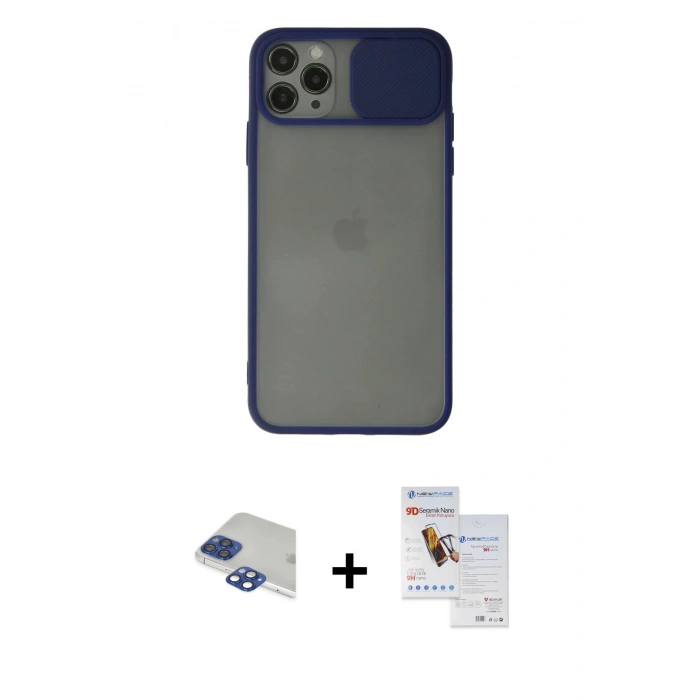 MARSİLYAN™- iPhone 11 Pro Max Kılıf Vadi Çizgi - Siyah Seramik Nano Ekran Koruyucu + Pers Alüminyum Kamera Lens - LT