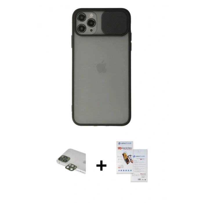 MARSİLYAN™- iPhone 11 Pro Max Kılıf Vadi Çizgi - Siyah Seramik Nano Ekran Koruyucu + Pers Alüminyum Kamera Lens - YL