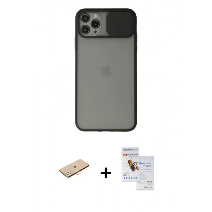 MARSİLYAN™- iPhone 11 Pro Max Kılıf Vadi Çizgi - Siyah Seramik Nano Ekran Koruyucu + Renkli Kamera Lens Koruma Cam - SI