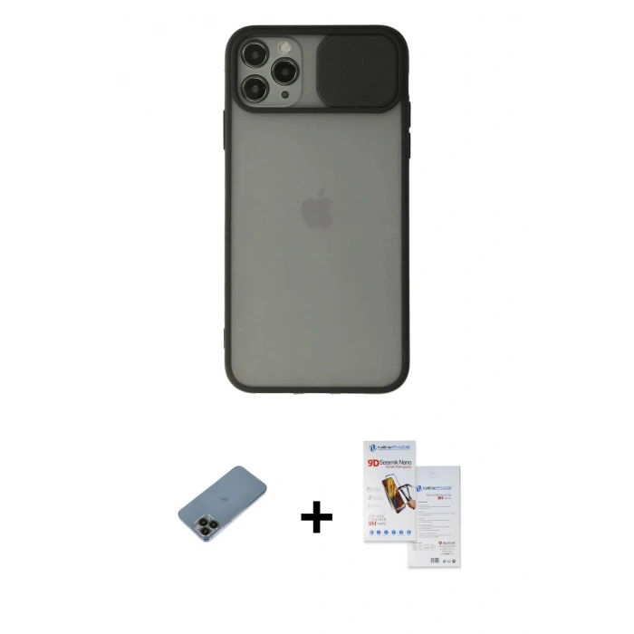 MARSİLYAN™- iPhone 11 Pro Max Kılıf Vadi Çizgi - Siyah Seramik Nano Ekran Koruyucu + Shine Kamera Lens Koruma Cam - SH