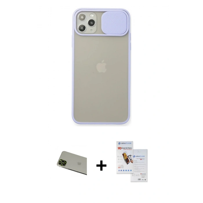 MARSİLYAN™- iPhone 11 Pro Max Kılıf Vadi Çizgi - Siyah Seramik Nano Ekran Koruyucu + Yeşil Rainbow Kamera Lens Koruma Cam
