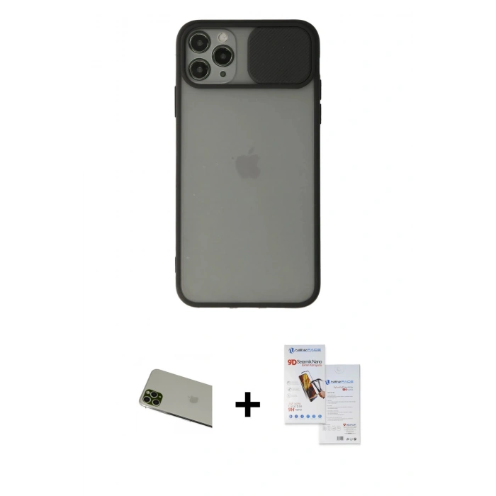 MARSİLYAN™- iPhone 11 Pro Max Kılıf Vadi Çizgi - Siyah Seramik Nano Ekran Koruyucu + Yeşil Rainbow Kamera Lens Koruma Cam