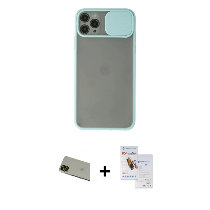 MARSİLYAN™- iPhone 11 Pro Max Kılıf Vadi Çizgi - Siyah Seramik Nano Ekran Koruyucu + Yeşil Rainbow Kamera Lens Koruma Cam
