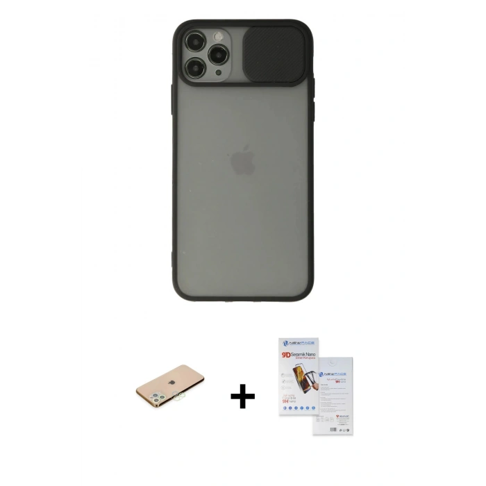MARSİLYAN™- iPhone 11 Pro Max Kılıf Vadi Çizgi - Siyah Seramik Nano Ekran Koruyucu + Renkli Kamera Lens Koruma Cam - YL
