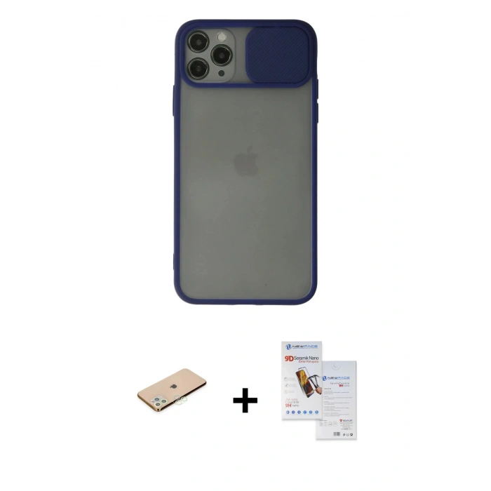 MARSİLYAN™- iPhone 11 Pro Max Kılıf Vadi Çizgi - Siyah Seramik Nano Ekran Koruyucu + Renkli Kamera Lens Koruma Cam - YL