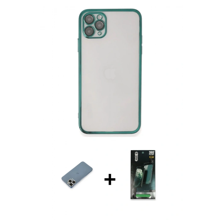 MARSİLYAN™- iPhone 11 Pro Max Kılıf Vadi Minimal - Şeffaf 360 Full Body Arka Koruyucu + Metal Kamera Lens Koruma Cam - GD