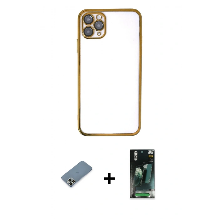 MARSİLYAN™- iPhone 11 Pro Max Kılıf Vadi Minimal - Şeffaf 360 Full Body Arka Koruyucu + Metal Kamera Lens Koruma Cam - AKYL
