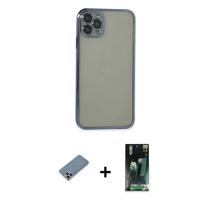 MARSİLYAN™- iPhone 11 Pro Max Kılıf Vadi Minimal - Şeffaf 360 Full Body Arka Koruyucu + Metal Kamera Lens Koruma Cam - AKYL