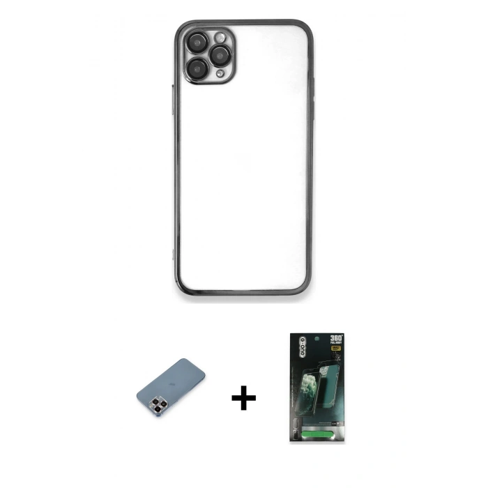 MARSİLYAN™- iPhone 11 Pro Max Kılıf Vadi Minimal - Şeffaf 360 Full Body Arka Koruyucu + Metal Kamera Lens Koruma Cam - MR