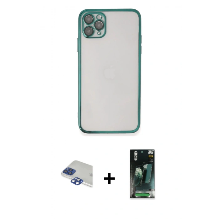 MARSİLYAN™- iPhone 11 Pro Max Kılıf Vadi Minimal - Şeffaf 360 Full Body Arka Koruyucu + Pers Alüminyum Kamera Lens - LT