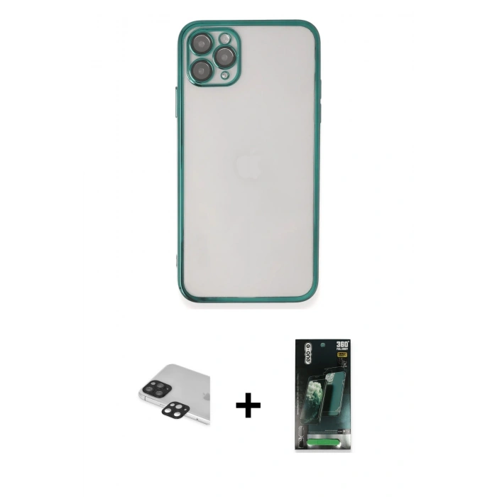 MARSİLYAN™- iPhone 11 Pro Max Kılıf Vadi Minimal - Şeffaf 360 Full Body Arka Koruyucu + Pers Alüminyum Kamera Lens - SH