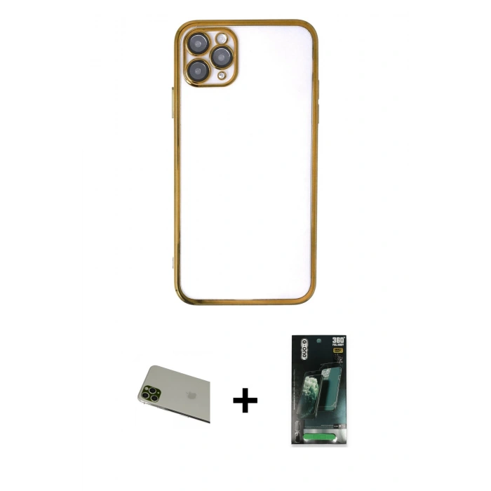 MARSİLYAN™- iPhone 11 Pro Max Kılıf Vadi Minimal - Şeffaf 360 Full Body Arka Koruyucu + Rainbow Kamera Lens Koruma Cam - YL