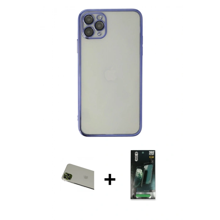 MARSİLYAN™- iPhone 11 Pro Max Kılıf Vadi Minimal - Şeffaf 360 Full Body Arka Koruyucu + Rainbow Kamera Lens Koruma Cam - YL